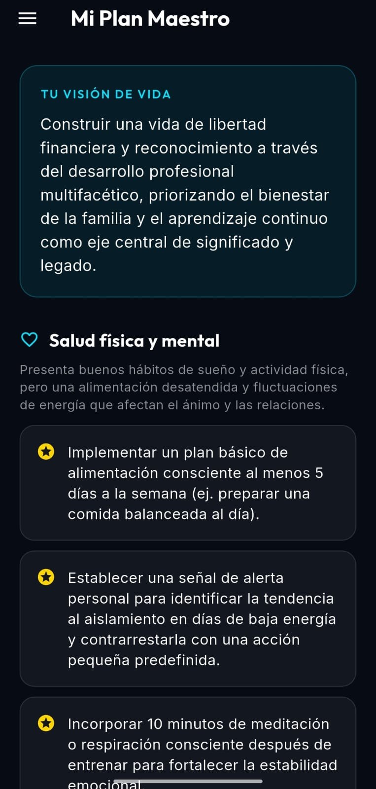 Pantalla Mi Plan Maestro de Jarvis Planeador, mostrando la visión de vida y las metas del área de salud física y mental