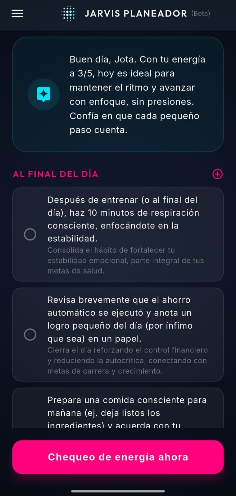 Pantalla del plan diario de Jarvis Planeador, mostrando tareas del bloque Al final del día ligadas a las metas del usuario